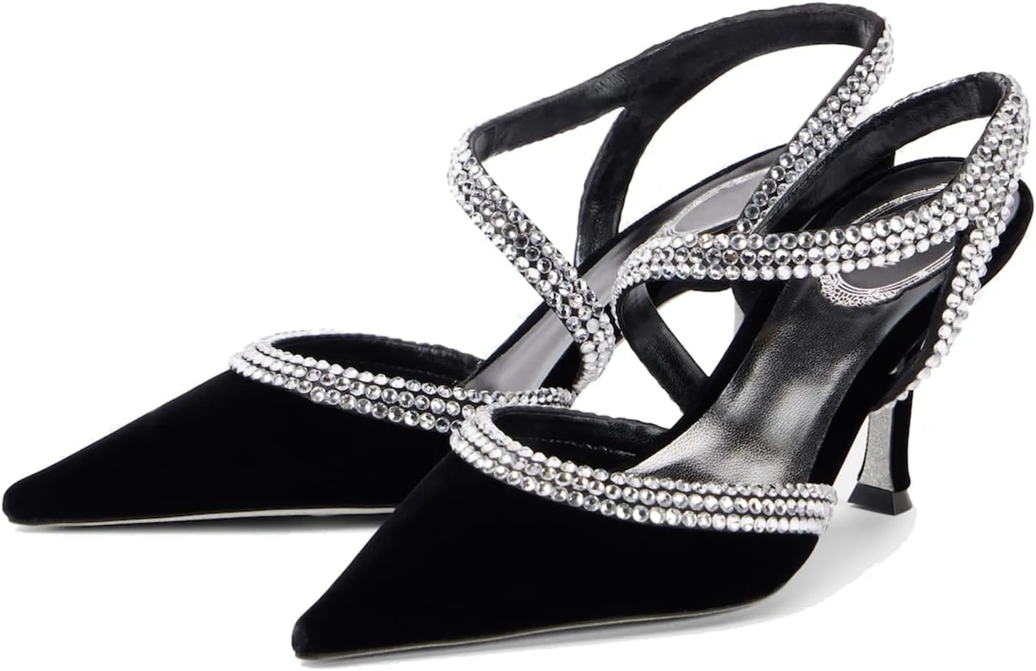 Women's Slingback High Heel Velvet Pumps Rhinestone Pointed Toe Strappy Sandals Kitten Heel Crystal Black Wedding Party Dress Shoes for Women