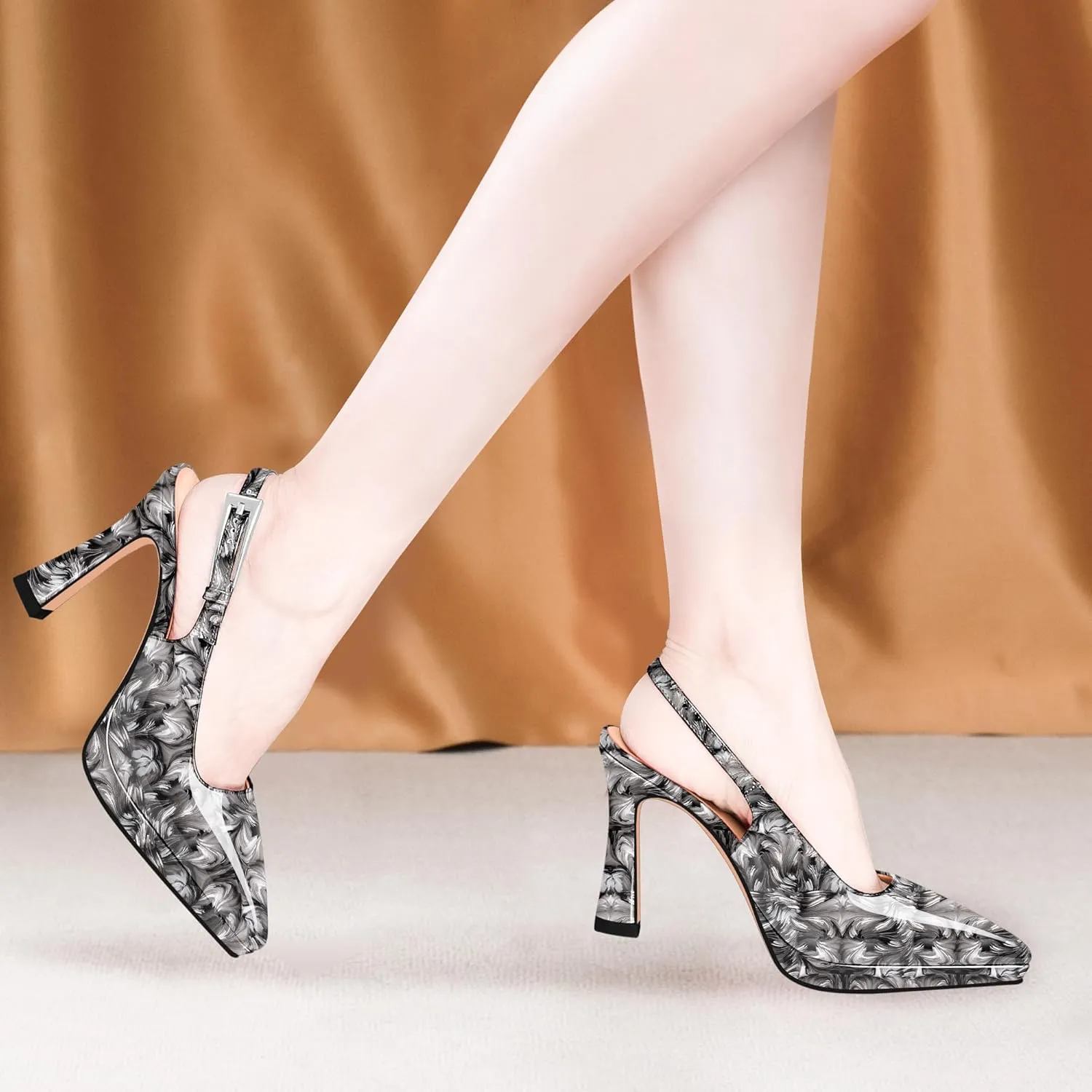 Women's Slingbacks High Heel Platform Pumps Pointed Toe Buckle Strap Dress Shoes