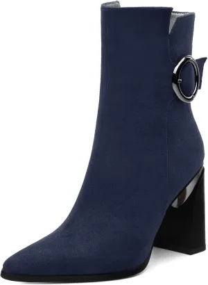 Womens Suede Zip Chunky Heel Ankle Boots,Pointed Toe Mid Block Heel Booties,Work Party Daily Boots 3.5 inch