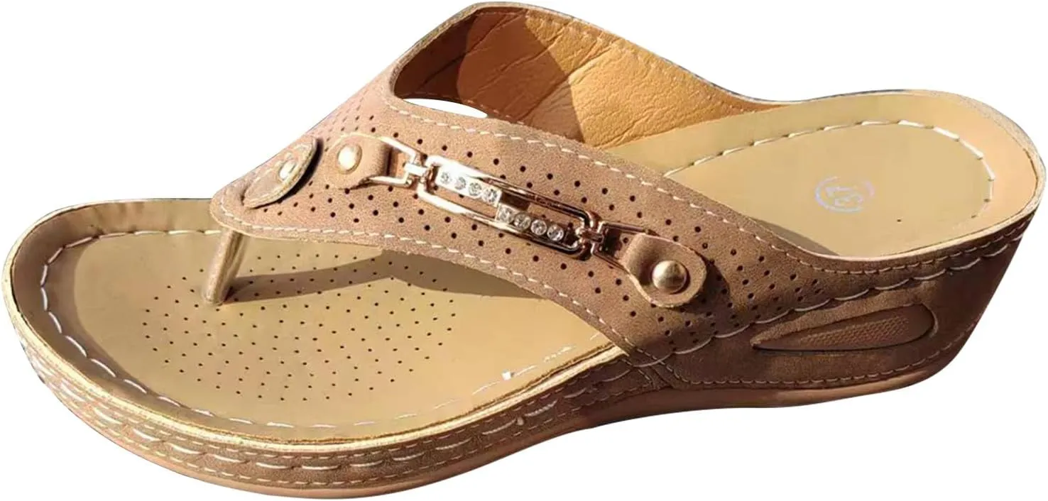 Women's Summer Outdoor Flip Flops Vintage Slip On Slides Thong Sandals Dressy Arch Support Clip Toe Slippers Low Wedge Sandal