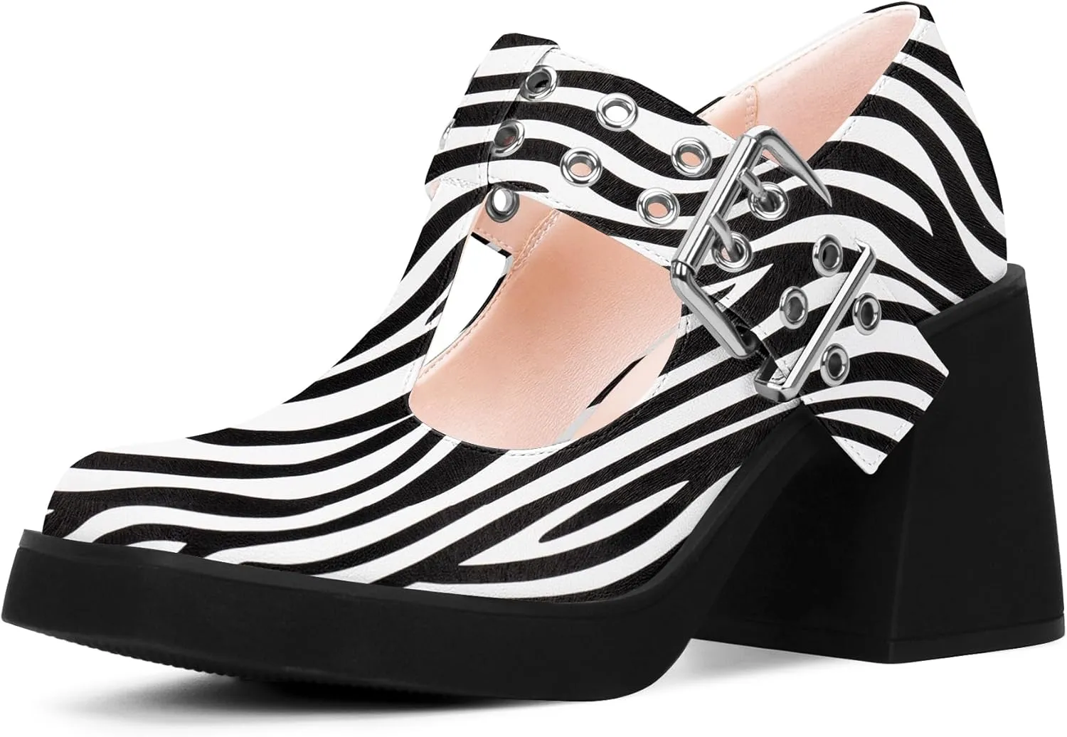 Women's T-Strap Platform Block Heel Mary Janes Pumps Square Toe Buckle Punk Dress Shoes
