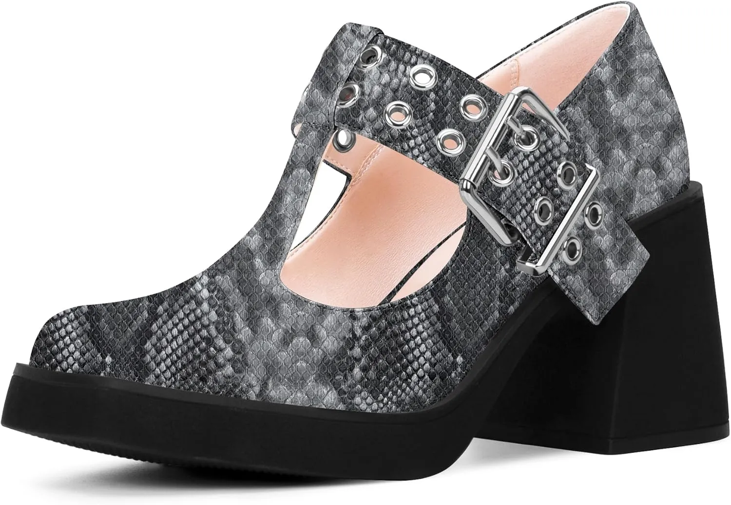 Women's T-Strap Platform Block Heel Mary Janes Pumps Square Toe Buckle Punk Dress Shoes