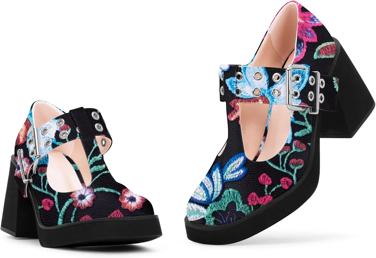 Women's T-Strap Platform Block Heel Mary Janes Pumps Square Toe Buckle Punk Dress Shoes