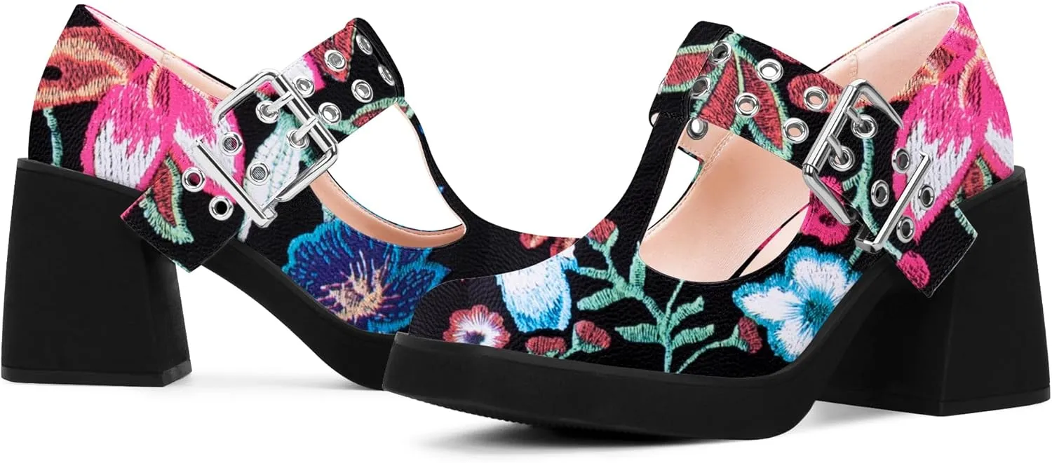 Women's T-Strap Platform Block Heel Mary Janes Pumps Square Toe Buckle Punk Dress Shoes