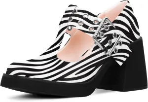 Women's T-Strap Platform Block Heel Mary Janes Pumps Square Toe Buckle Punk Dress Shoes