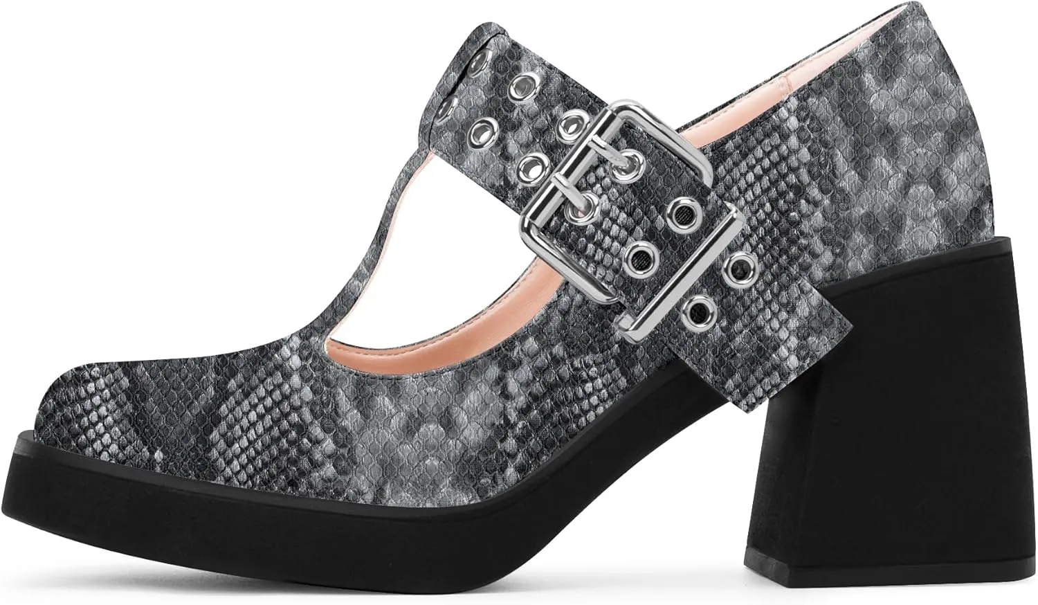 Women's T-Strap Platform Block Heel Mary Janes Pumps Square Toe Buckle Punk Dress Shoes