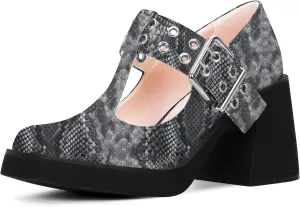 Women's T-Strap Platform Block Heel Mary Janes Pumps Square Toe Buckle Punk Dress Shoes