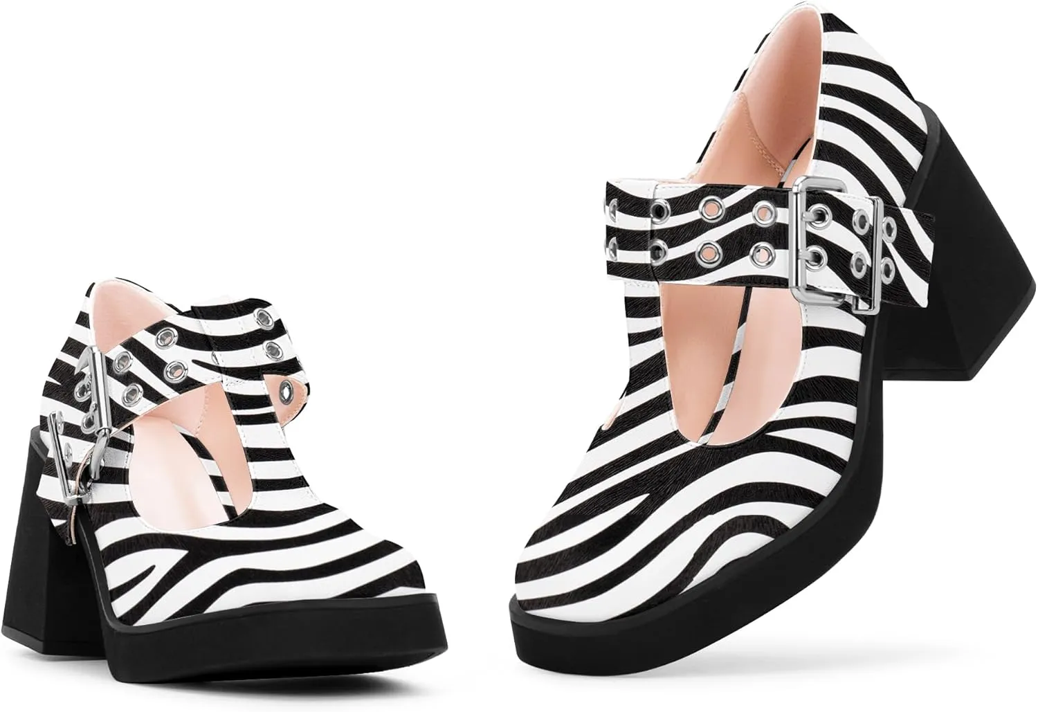 Women's T-Strap Platform Block Heel Mary Janes Pumps Square Toe Buckle Punk Dress Shoes