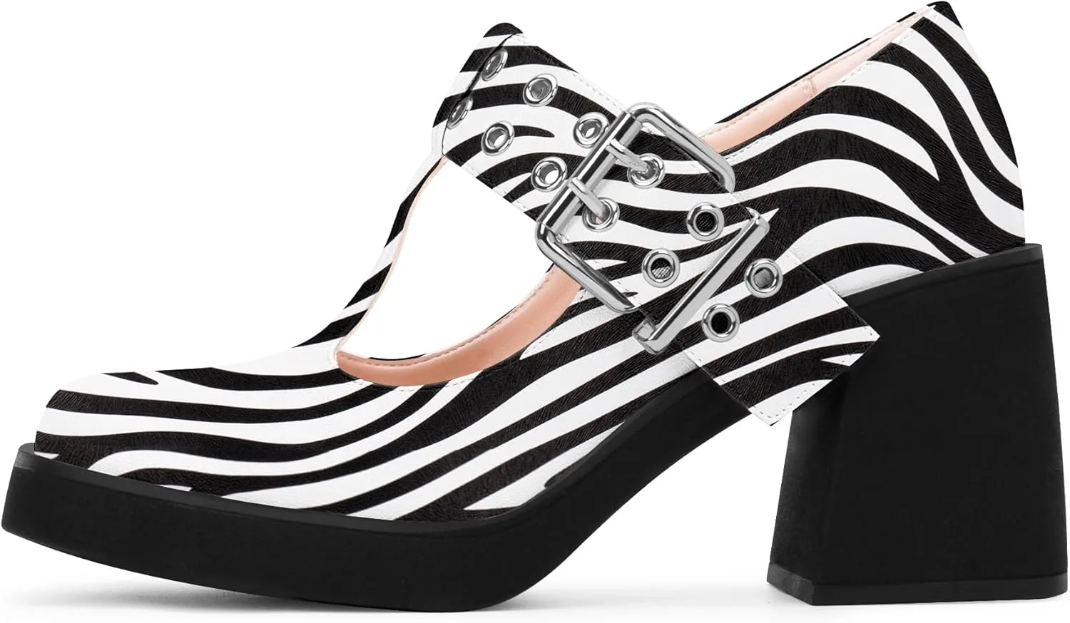 Women's T-Strap Platform Block Heel Mary Janes Pumps Square Toe Buckle Punk Dress Shoes