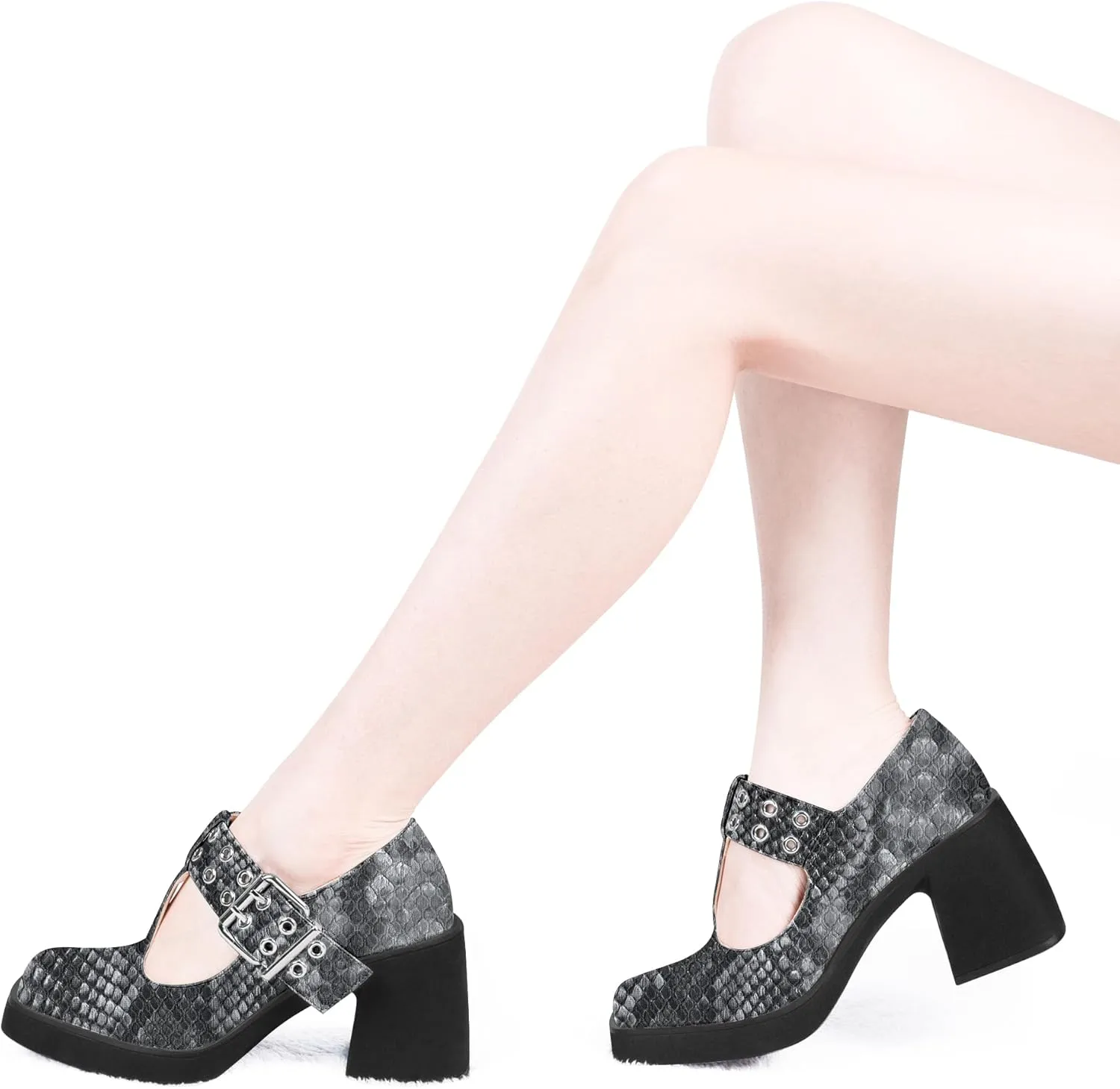 Women's T-Strap Platform Block Heel Mary Janes Pumps Square Toe Buckle Punk Dress Shoes