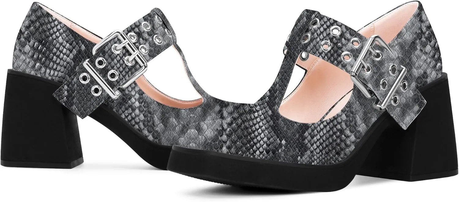 Women's T-Strap Platform Block Heel Mary Janes Pumps Square Toe Buckle Punk Dress Shoes