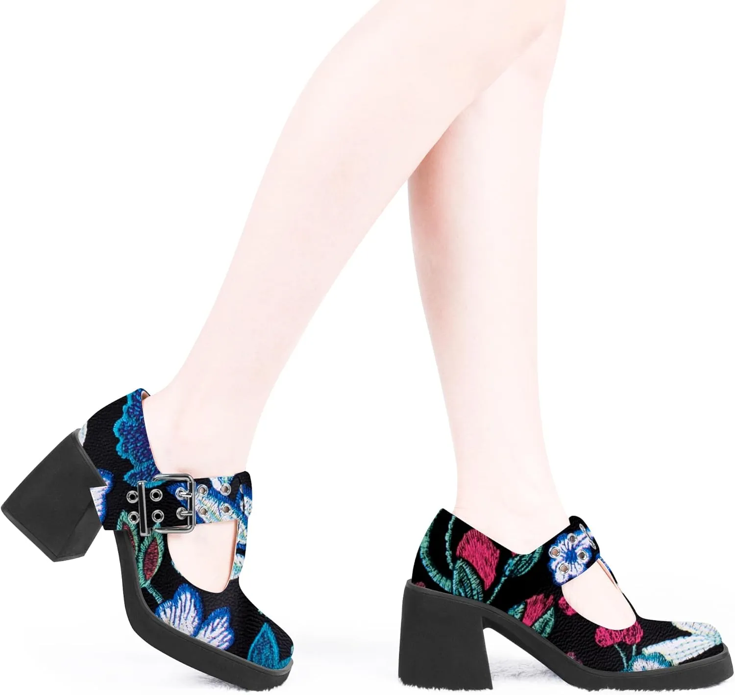 Women's T-Strap Platform Block Heel Mary Janes Pumps Square Toe Buckle Punk Dress Shoes