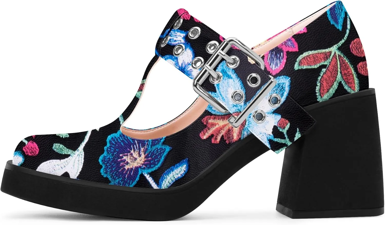 Women's T-Strap Platform Block Heel Mary Janes Pumps Square Toe Buckle Punk Dress Shoes