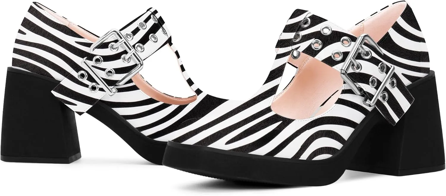 Women's T-Strap Platform Block Heel Mary Janes Pumps Square Toe Buckle Punk Dress Shoes