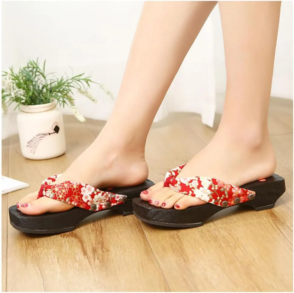Wooden Clogs Herringbone Slippers,Japan Traditional Shoes,Women's Slopes High Heels Home Clip Feet Cool Shoes,Couple's Bathroom Beach Shoes(Size:EU 37,Color:Red)
