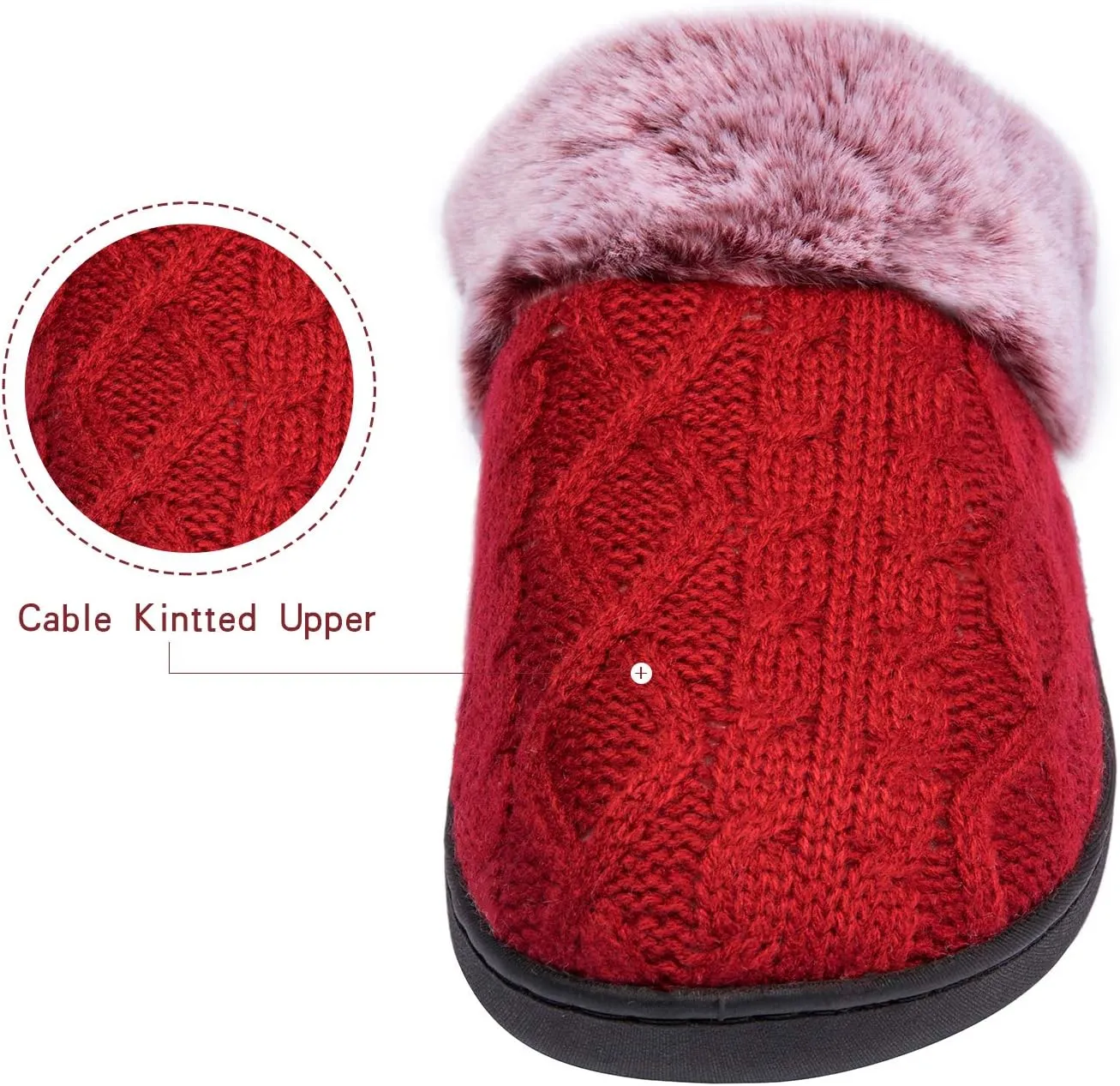 WOTTE Women's Cable Knit Slippers Faux Fur Lining Furry Collar Memory Foam Clog Shoes