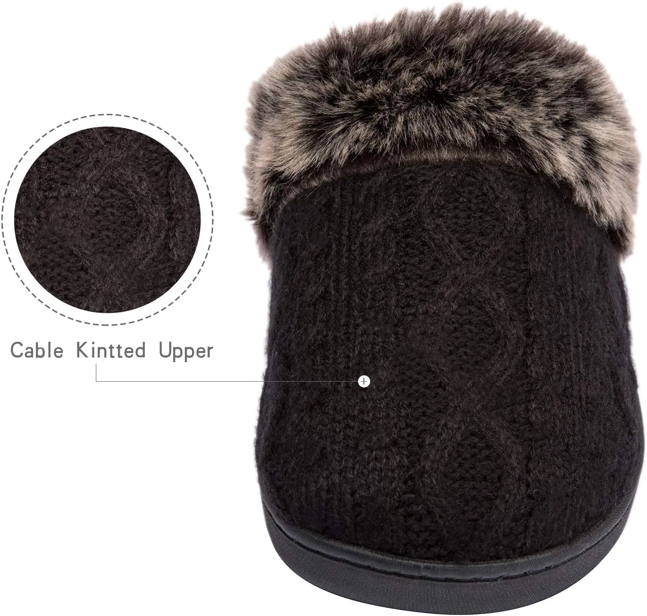 WOTTE Women's Cable Knit Slippers Faux Fur Lining Furry Collar Memory Foam Clog Shoes