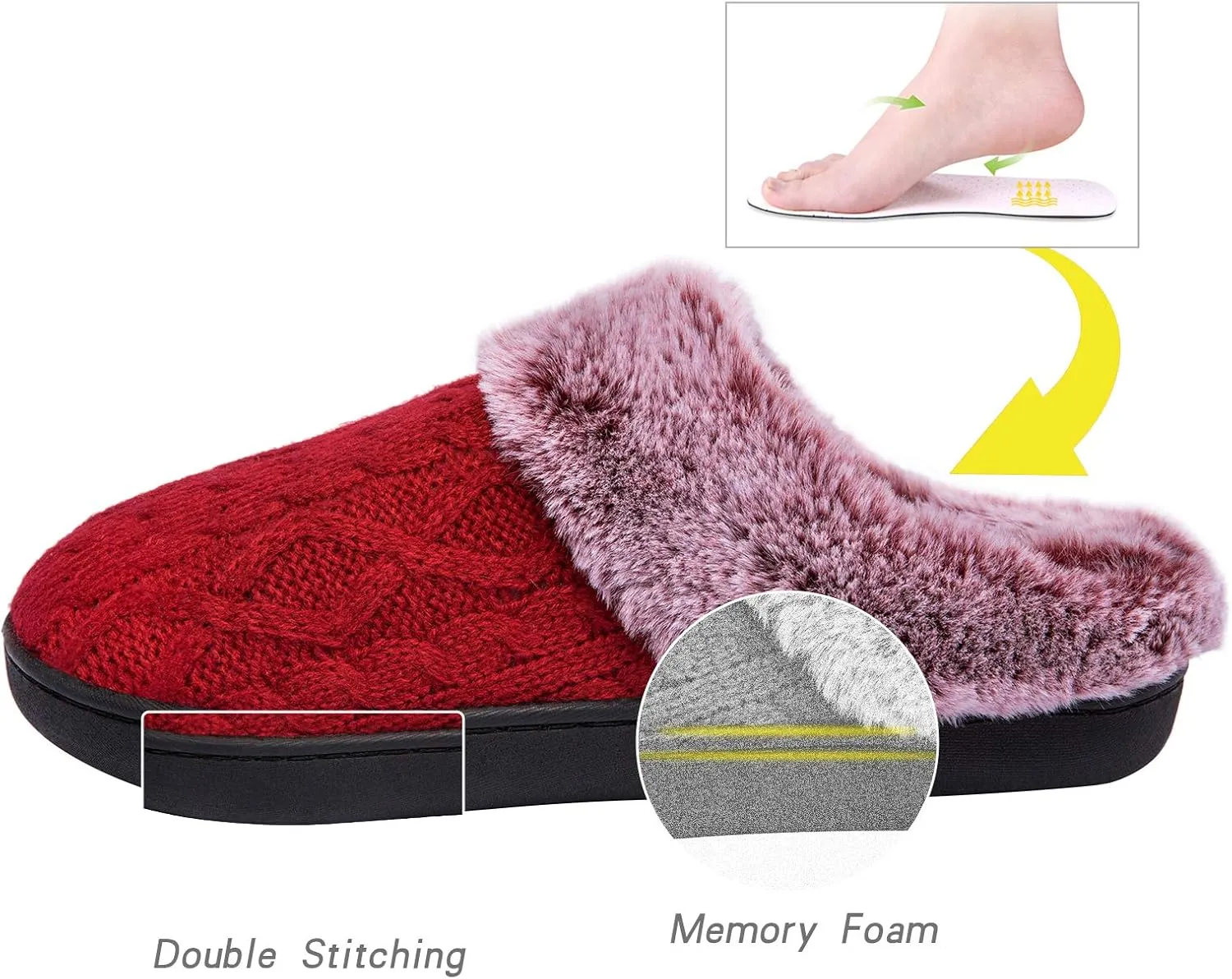 WOTTE Women's Cable Knit Slippers Faux Fur Lining Furry Collar Memory Foam Clog Shoes