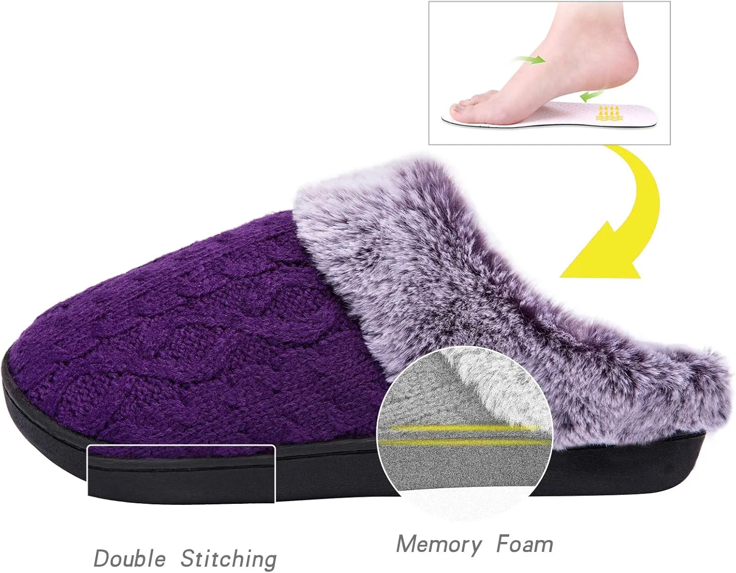 WOTTE Women's Cable Knit Slippers Faux Fur Lining Furry Collar Memory Foam Clog Shoes