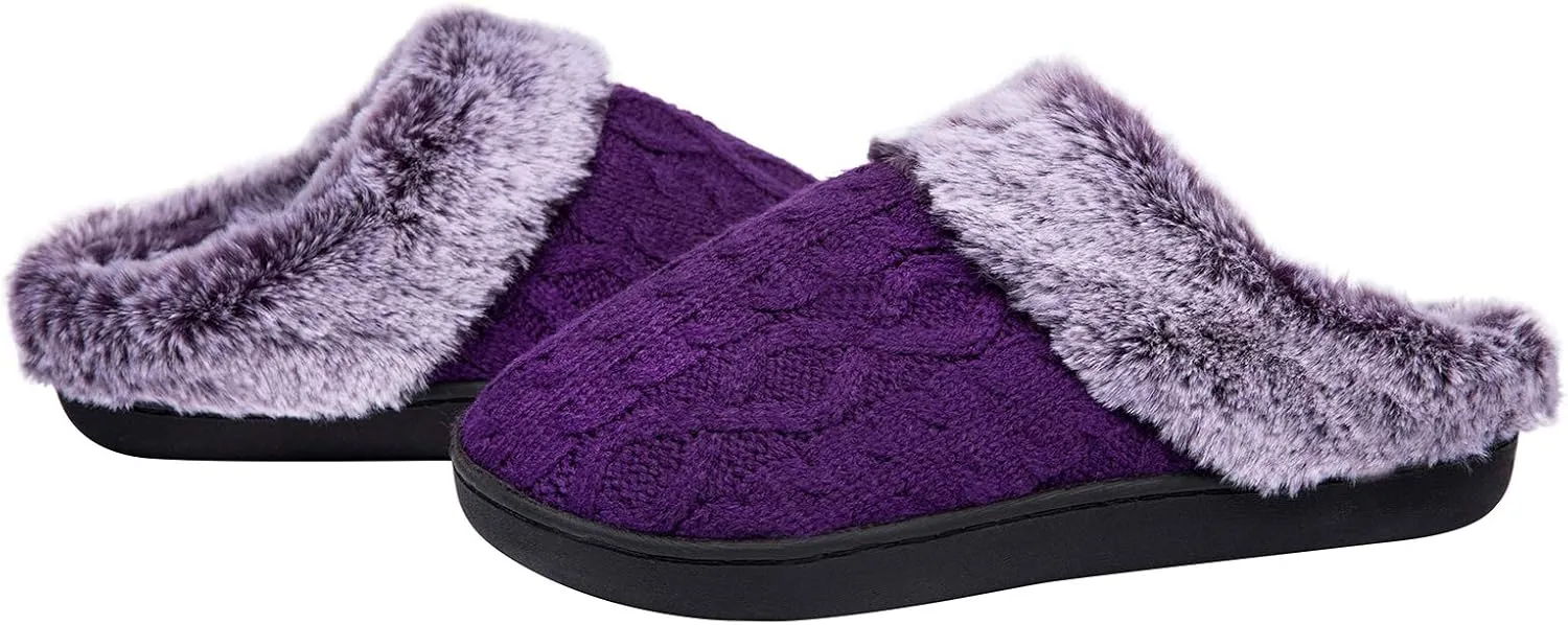 WOTTE Women's Cable Knit Slippers Faux Fur Lining Furry Collar Memory Foam Clog Shoes