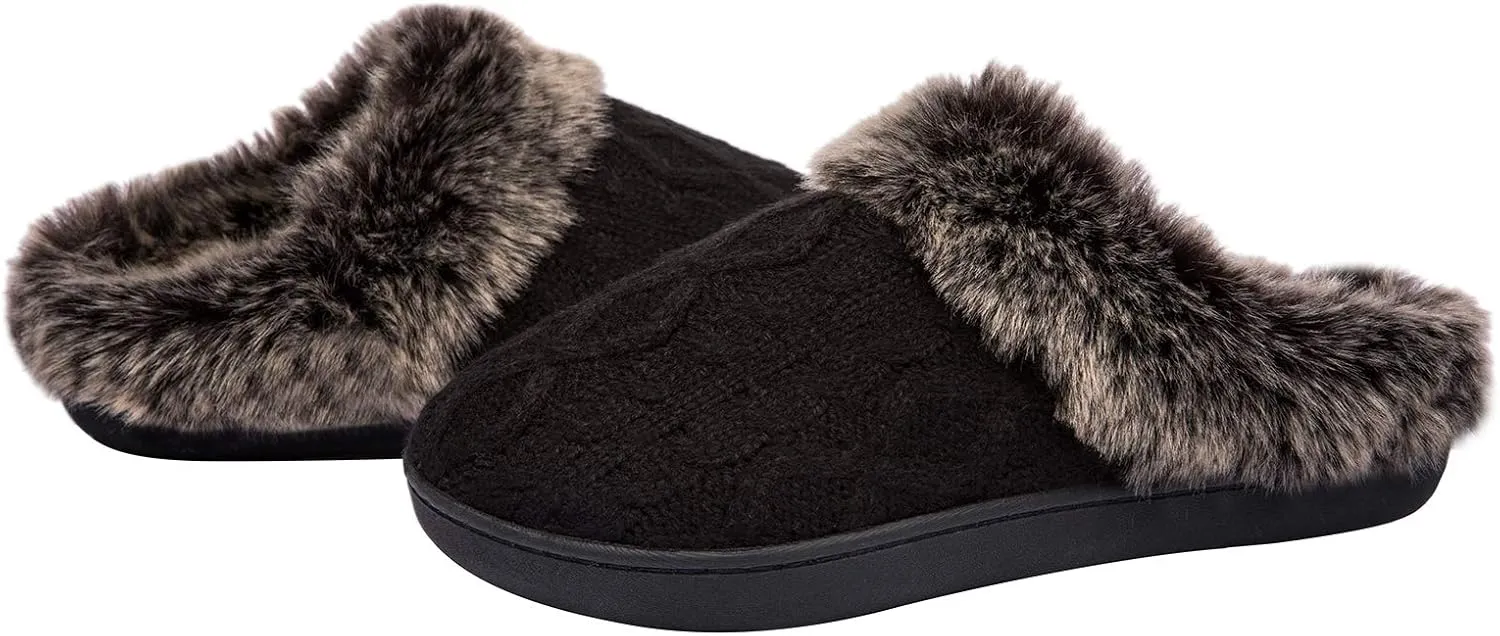 WOTTE Women's Cable Knit Slippers Faux Fur Lining Furry Collar Memory Foam Clog Shoes
