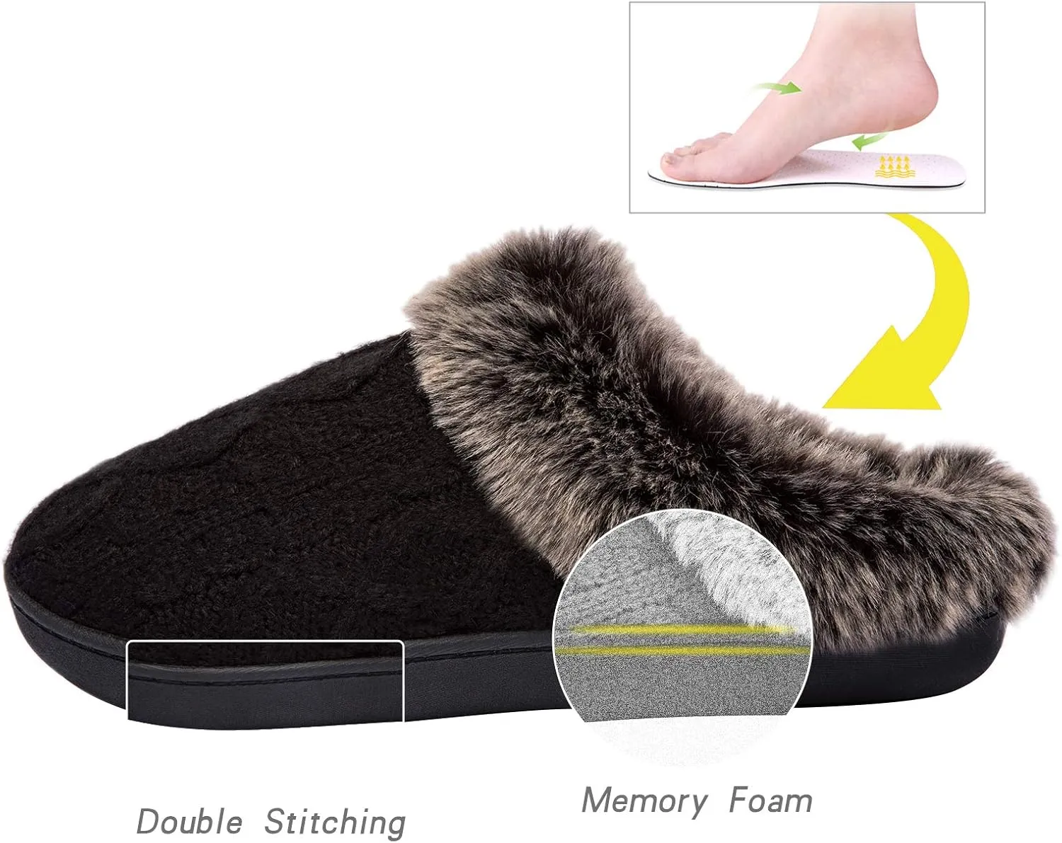 WOTTE Women's Cable Knit Slippers Faux Fur Lining Furry Collar Memory Foam Clog Shoes