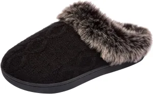 WOTTE Women's Cable Knit Slippers Faux Fur Lining Furry Collar Memory Foam Clog Shoes