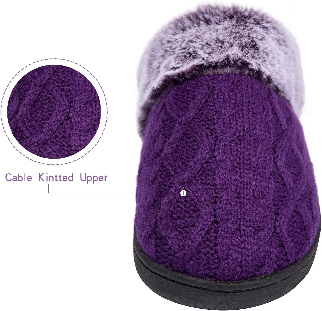 WOTTE Women's Cable Knit Slippers Faux Fur Lining Furry Collar Memory Foam Clog Shoes