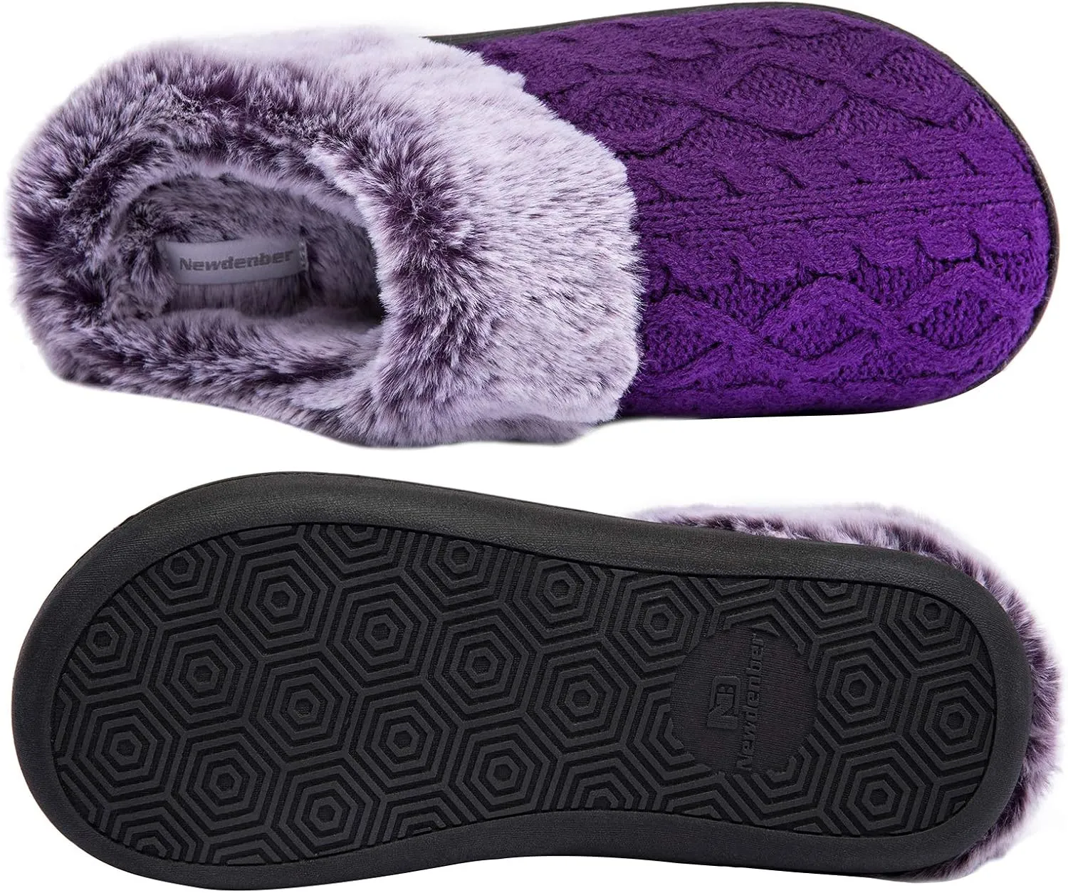 WOTTE Women's Cable Knit Slippers Faux Fur Lining Furry Collar Memory Foam Clog Shoes