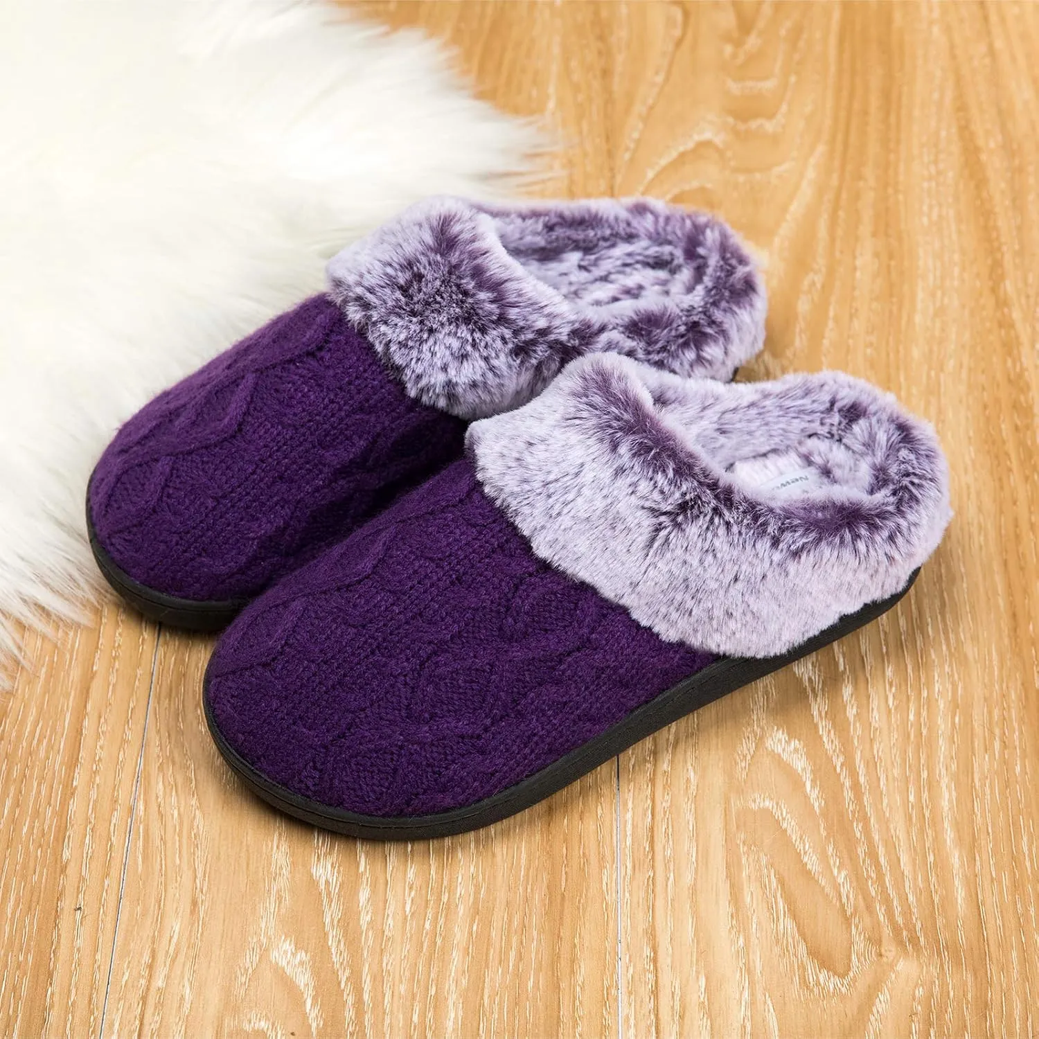 WOTTE Women's Cable Knit Slippers Faux Fur Lining Furry Collar Memory Foam Clog Shoes