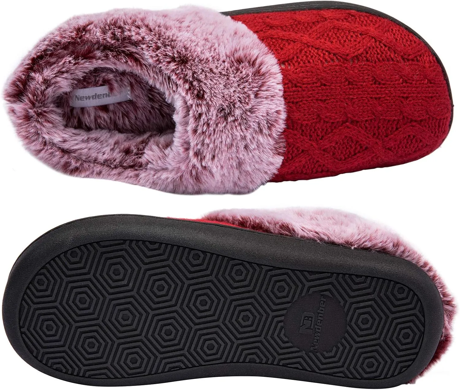 WOTTE Women's Cable Knit Slippers Faux Fur Lining Furry Collar Memory Foam Clog Shoes