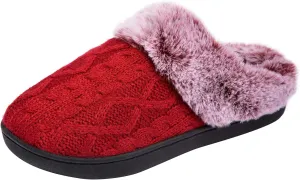 WOTTE Women's Cable Knit Slippers Faux Fur Lining Furry Collar Memory Foam Clog Shoes