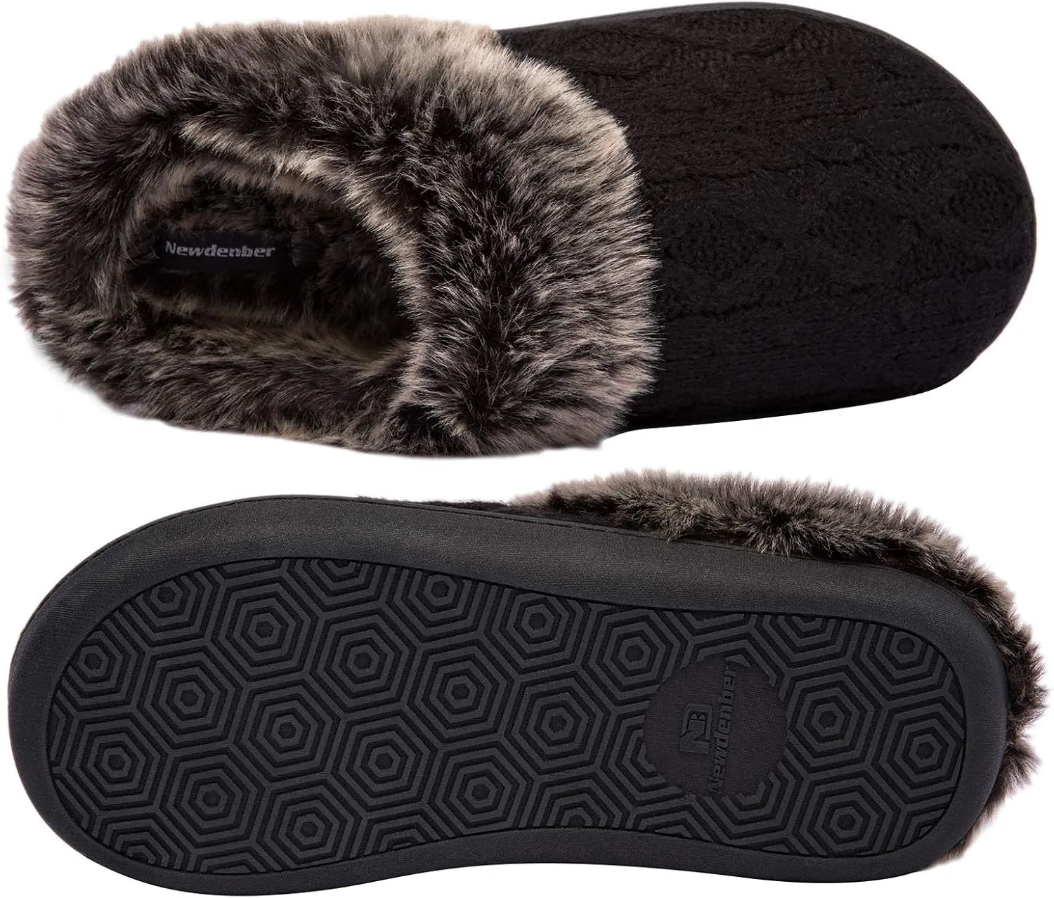 WOTTE Women's Cable Knit Slippers Faux Fur Lining Furry Collar Memory Foam Clog Shoes