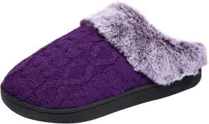 WOTTE Women's Cable Knit Slippers Faux Fur Lining Furry Collar Memory Foam Clog Shoes