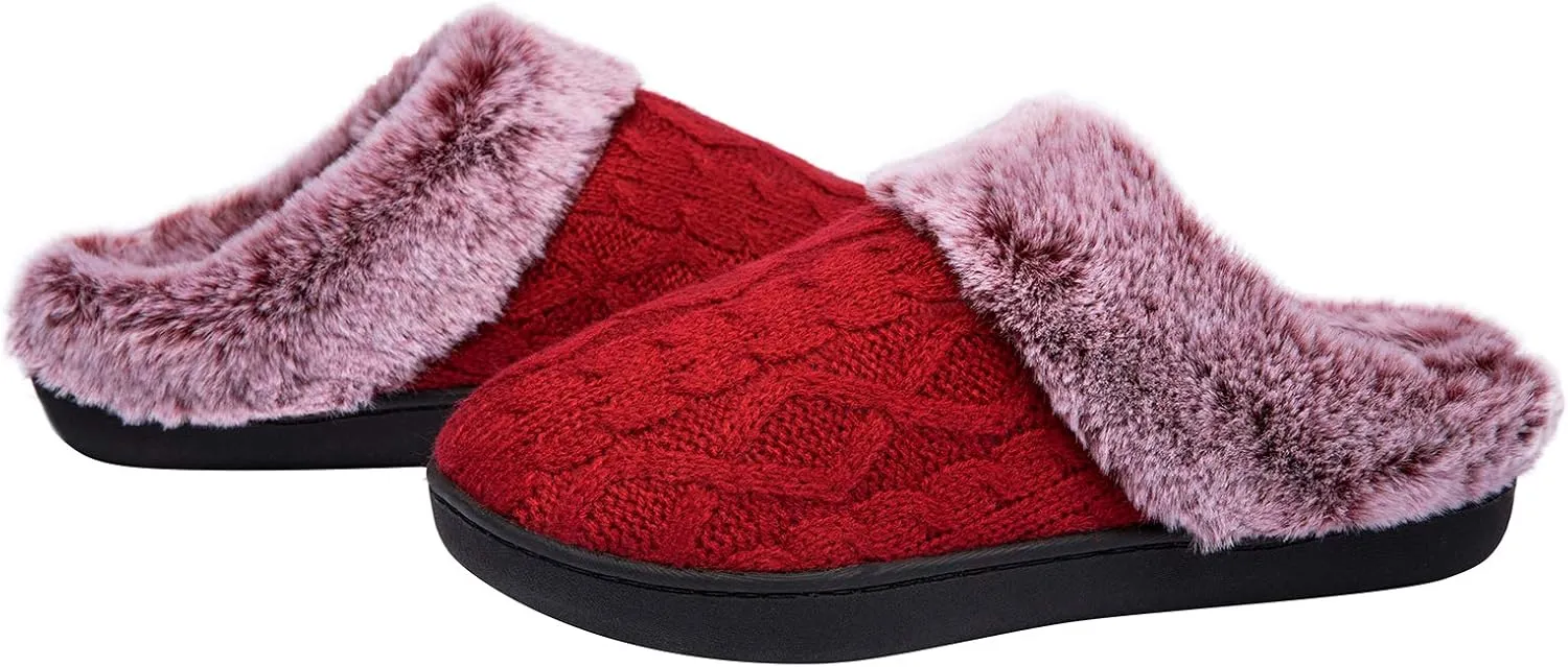 WOTTE Women's Cable Knit Slippers Faux Fur Lining Furry Collar Memory Foam Clog Shoes