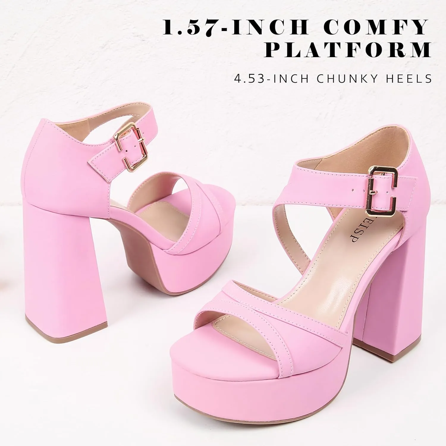 WSKEISP Platform Chunky Heels for Women Trendy Square Toe Heeled Sandals Black White Pink Silver Gold High Heels Ankle Strap Party Wedding Dress Pumps