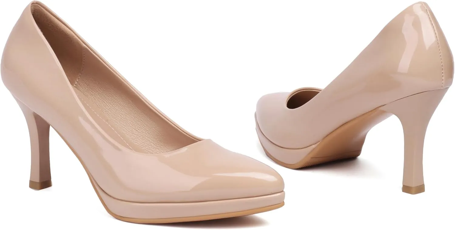 XIEDA Women's Pointed Toe Low Platform High Heels 3 Inch Patent Leather Pumps Classic Elegant for All Occasions