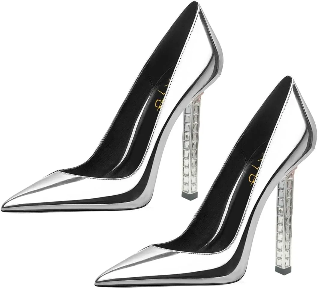 XYD Sexy Lady Stiletto High Heels for Women Closed Pointed Toe Silver-Tone Metal Heel Slip On Elegant Party Evening Shoes