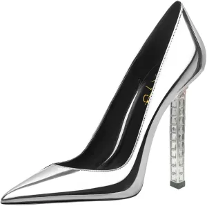 XYD Sexy Lady Stiletto High Heels for Women Closed Pointed Toe Silver-Tone Metal Heel Slip On Elegant Party Evening Shoes