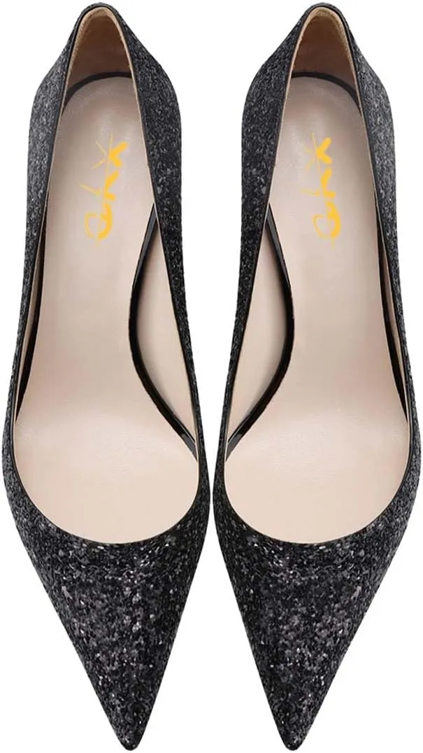 XYD Sexy Lady Stiletto High Heels for Women Closed Pointed Toe Silver-Tone Metal Heel Slip On Elegant Party Evening Shoes