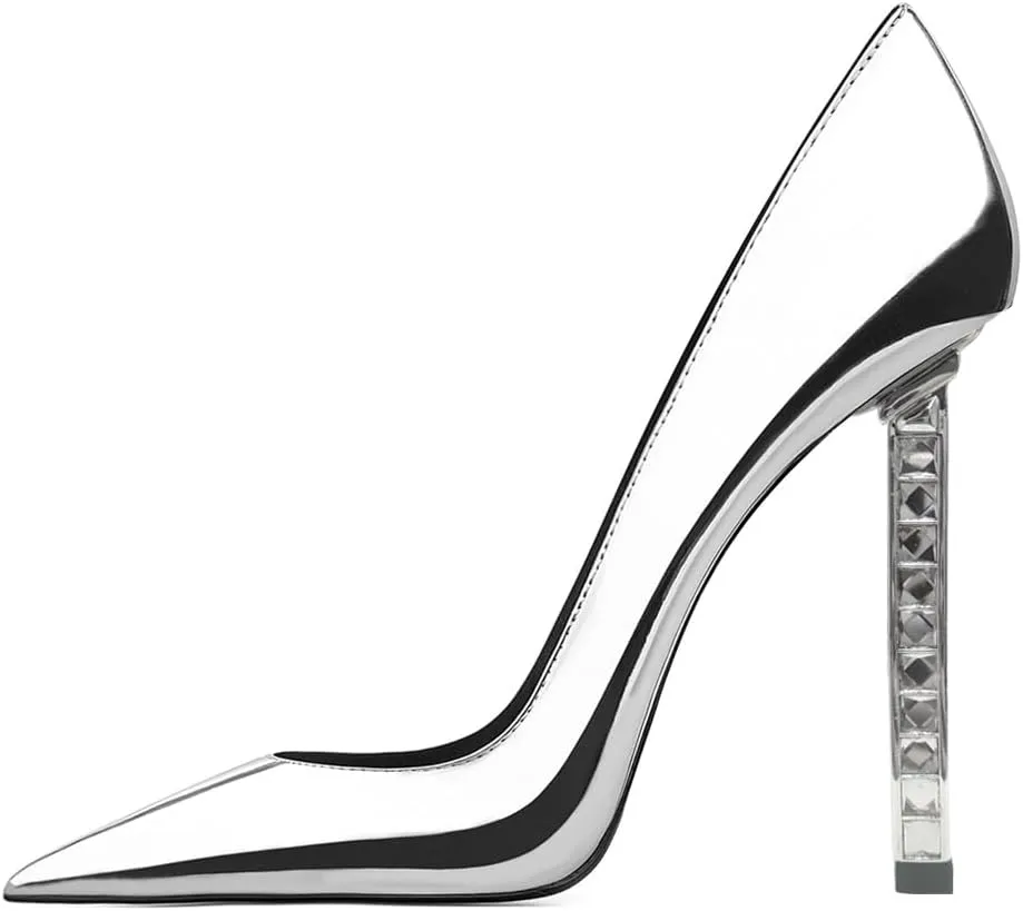XYD Sexy Lady Stiletto High Heels for Women Closed Pointed Toe Silver-Tone Metal Heel Slip On Elegant Party Evening Shoes