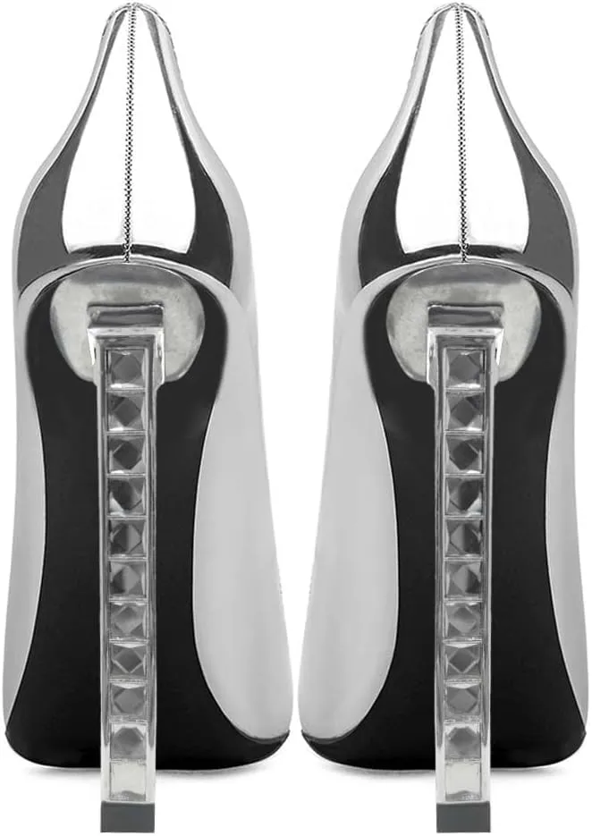 XYD Sexy Lady Stiletto High Heels for Women Closed Pointed Toe Silver-Tone Metal Heel Slip On Elegant Party Evening Shoes