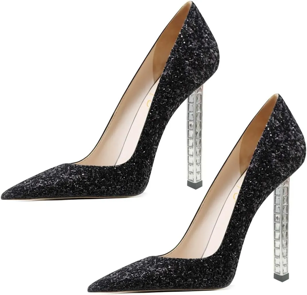 XYD Sexy Lady Stiletto High Heels for Women Closed Pointed Toe Silver-Tone Metal Heel Slip On Elegant Party Evening Shoes