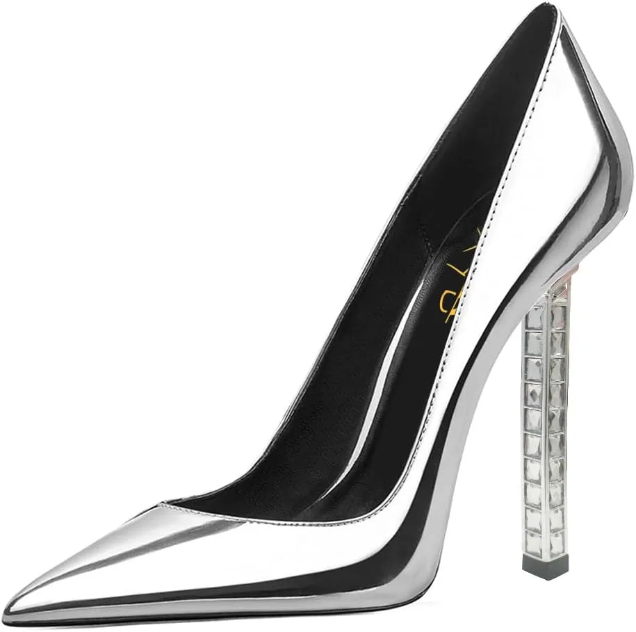 XYD Sexy Lady Stiletto High Heels for Women Closed Pointed Toe Silver-Tone Metal Heel Slip On Elegant Party Evening Shoes