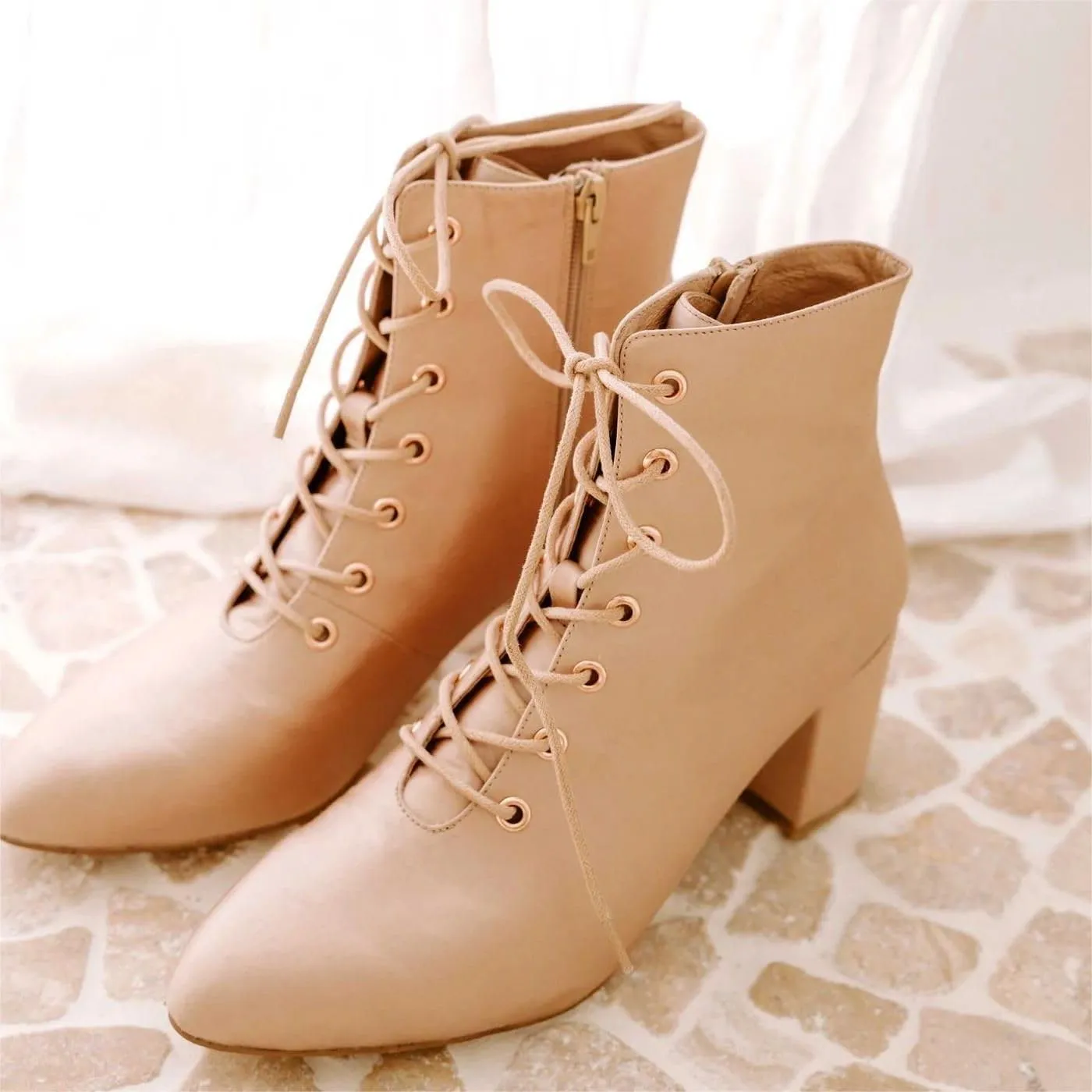 XYD Women Brides Almond Toe Ankle Boots Block Chuny Low Heel Lace-up Side Zip Elegant Booties Shoes for Wedding