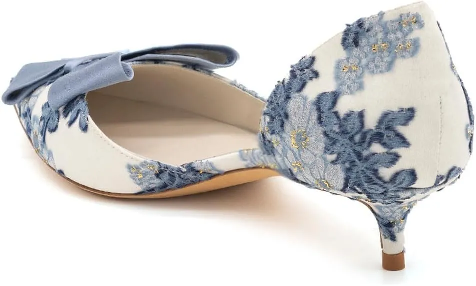 XYD Women D'Orsay Kitten Heel Bridal Bowknot Pumps Elegant Pointed Closed Toe Wedding Prom Shoes