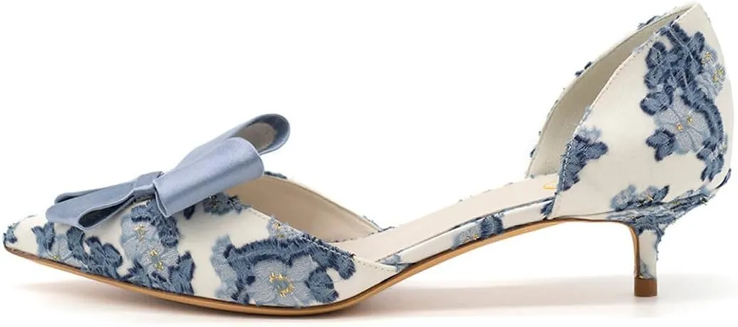 XYD Women D'Orsay Kitten Heel Bridal Bowknot Pumps Elegant Pointed Closed Toe Wedding Prom Shoes