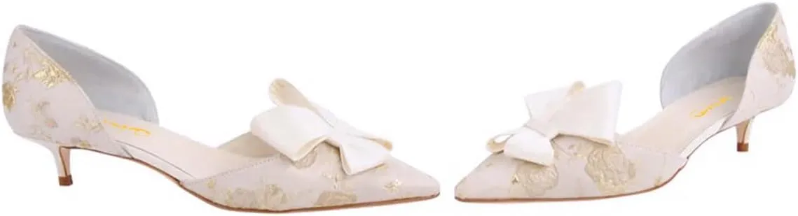 XYD Women D'Orsay Kitten Heel Bridal Bowknot Pumps Elegant Pointed Closed Toe Wedding Prom Shoes