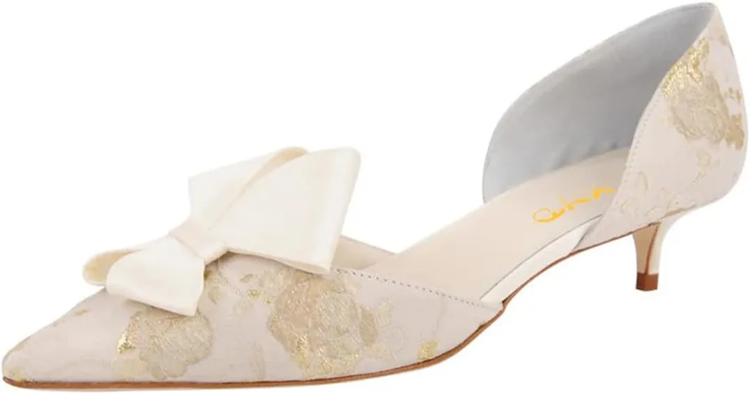 XYD Women D'Orsay Kitten Heel Bridal Bowknot Pumps Elegant Pointed Closed Toe Wedding Prom Shoes