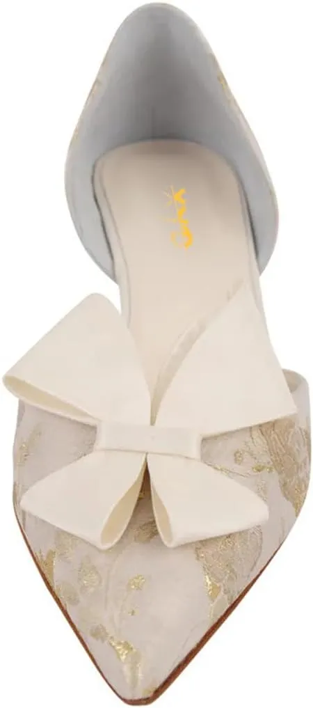XYD Women D'Orsay Kitten Heel Bridal Bowknot Pumps Elegant Pointed Closed Toe Wedding Prom Shoes
